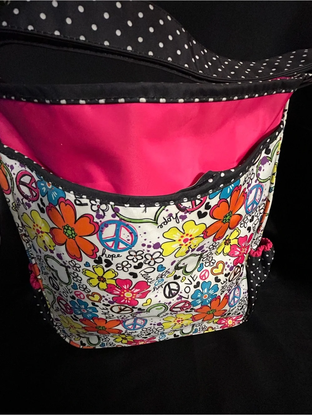 Justice Girls Bright Floral Peace Sign Travel Tote Laundry Bag Pink Interior